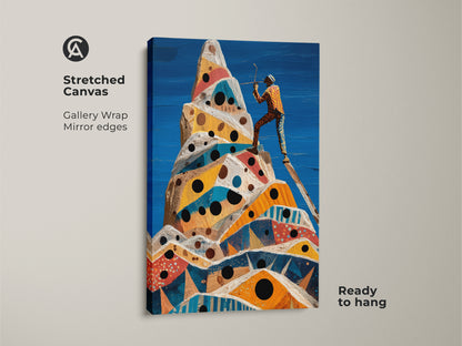A stretched canvas gallery wrap presents surreal mountain climb art.  The abstract geometric peak showcases an adventurer figurine. Ready to hang cobalt blue yellow orange artwork for modern decor.