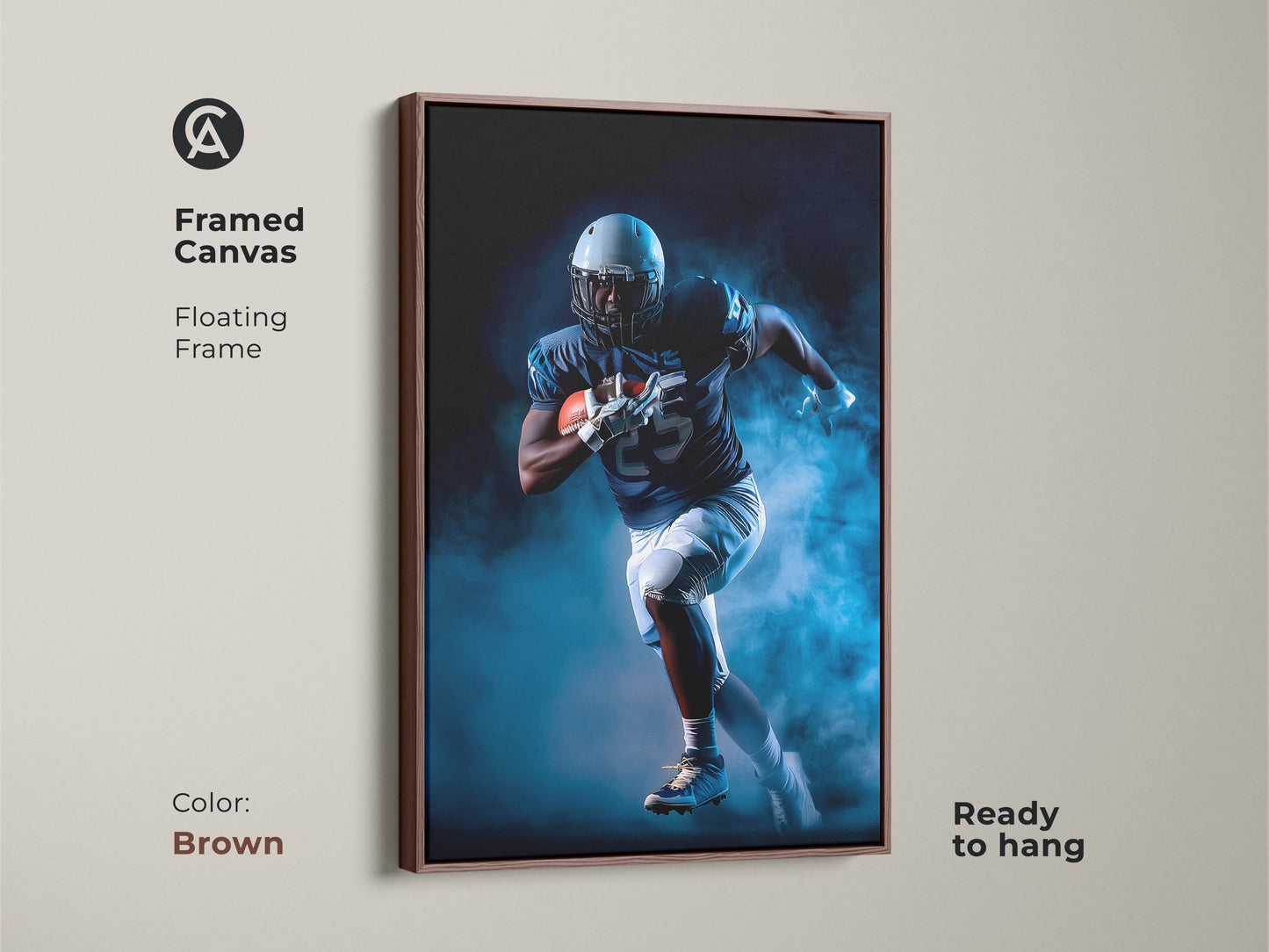 This football player artwork is framed in brown. The navy blue and white canvas art is ready to hang. It adds a dynamic feel to a man cave or office. This action sports print makes a great gift for athletes and sports fans alike.