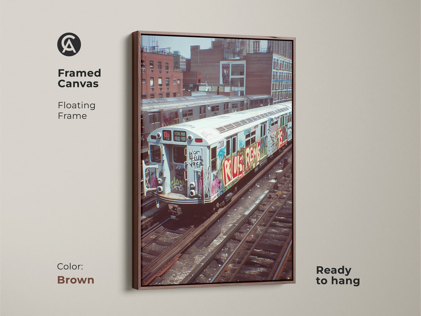 Brown framed canvas showcasing a graffiti subway train. This urban street artwork is ready to hang. The industrial loft wall decor brings a cityscape indoors. Ideal gift for hip hop fans and art lovers.