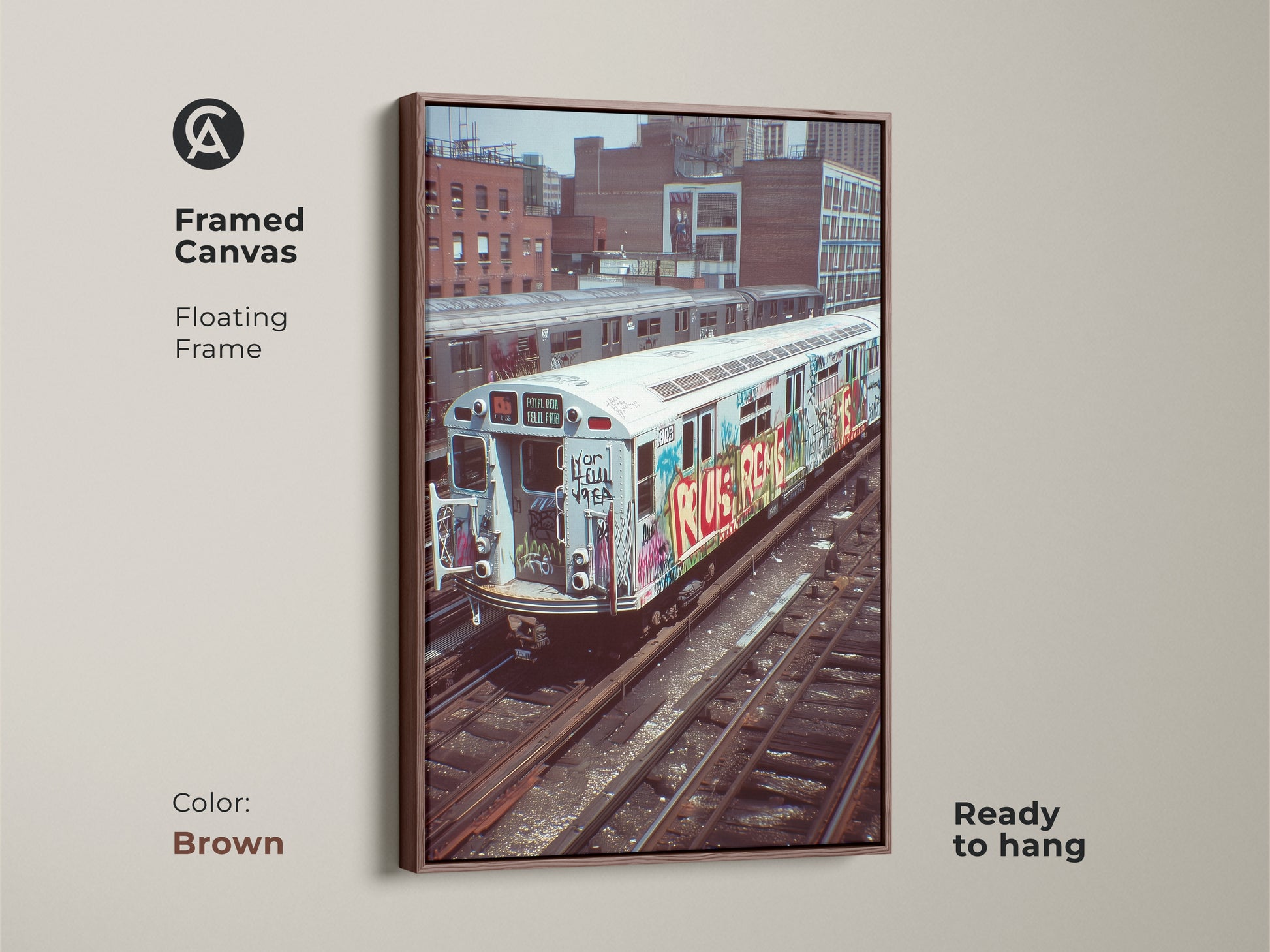 Brown framed canvas showcasing a graffiti subway train. This urban street artwork is ready to hang. The industrial loft wall decor brings a cityscape indoors. Ideal gift for hip hop fans and art lovers.