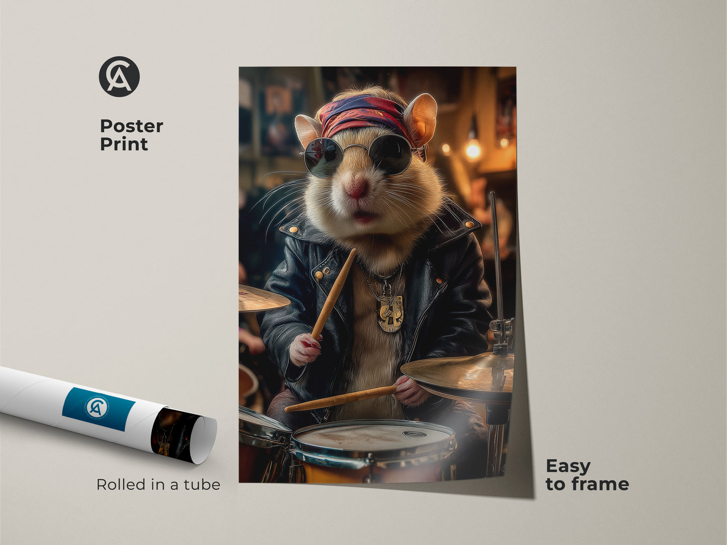 Poster print featuring a cool drummer hamster. This retro music lover gift arrives rolled in a tube ready for framing. It's a funny drummer gift for him showcasing an animal playing drums. Ideal unique pet portrait canvas and vintage rock music decor.