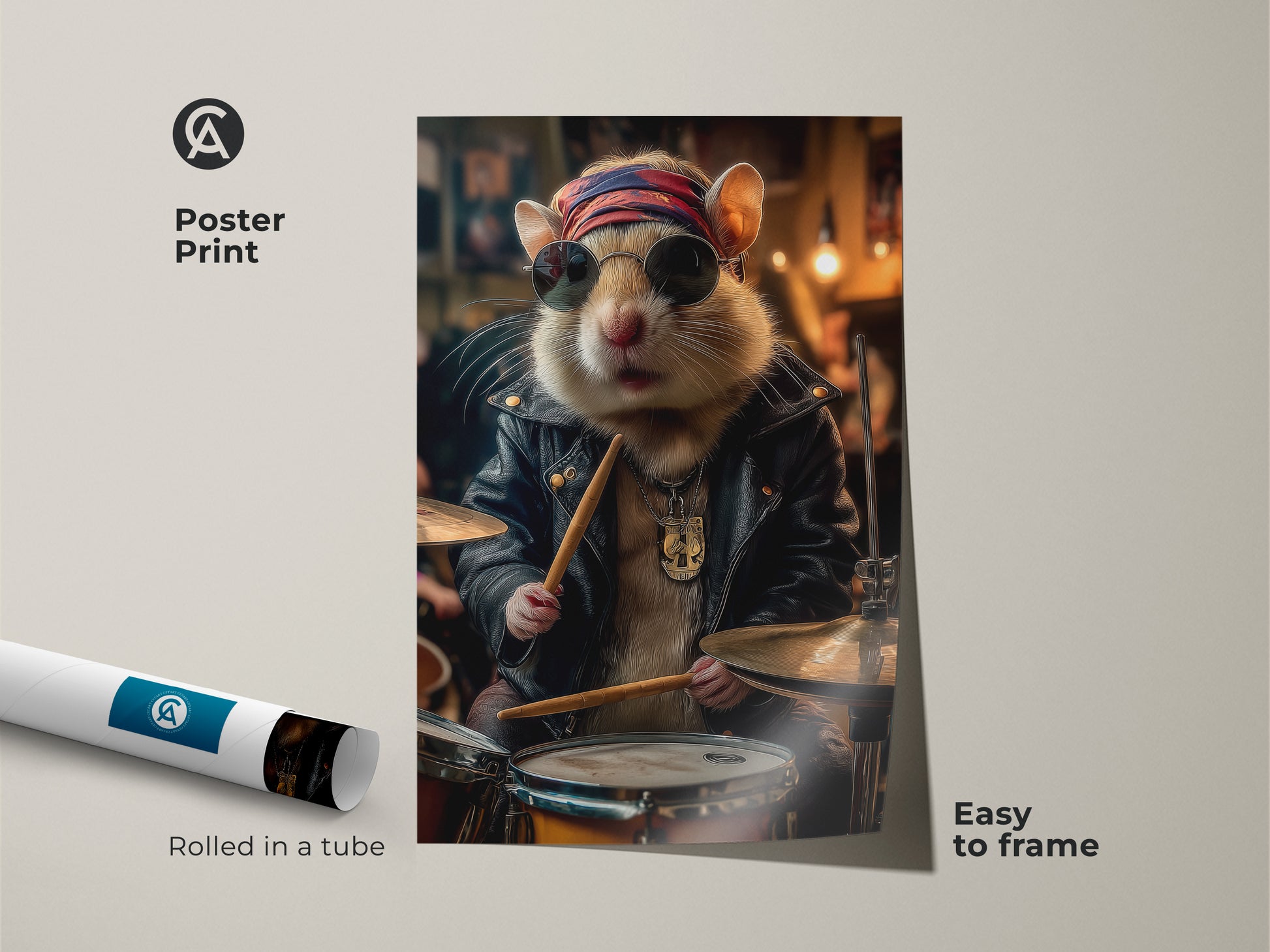 Poster print featuring a cool drummer hamster. This retro music lover gift arrives rolled in a tube ready for framing. It's a funny drummer gift for him showcasing an animal playing drums. Ideal unique pet portrait canvas and vintage rock music decor.