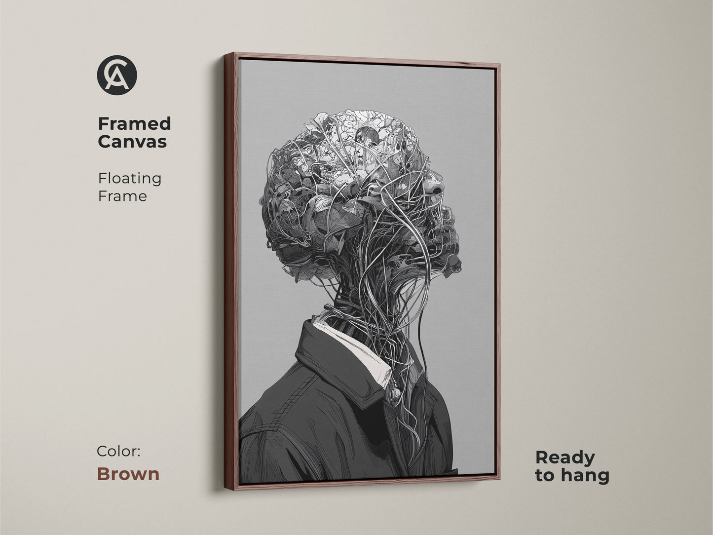 Framed canvas artwork with a floating frame. The color of the frame is brown. The art features a surreal botanical head. The canvas is ready to hang. This piece adds a modern touch to any space.