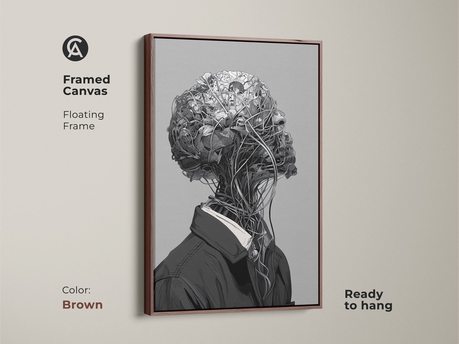 Framed canvas artwork with a floating frame. The color of the frame is brown. The art features a surreal botanical head. The canvas is ready to hang. This piece adds a modern touch to any space.