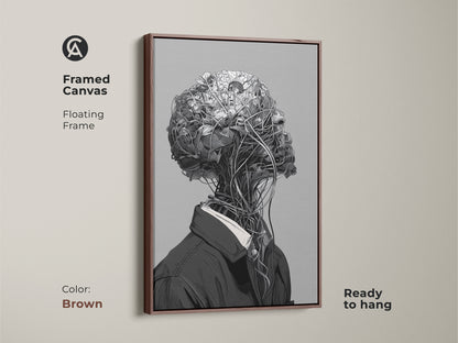 Framed canvas artwork with a floating frame. The color of the frame is brown. The art features a surreal botanical head. The canvas is ready to hang. This piece adds a modern touch to any space.