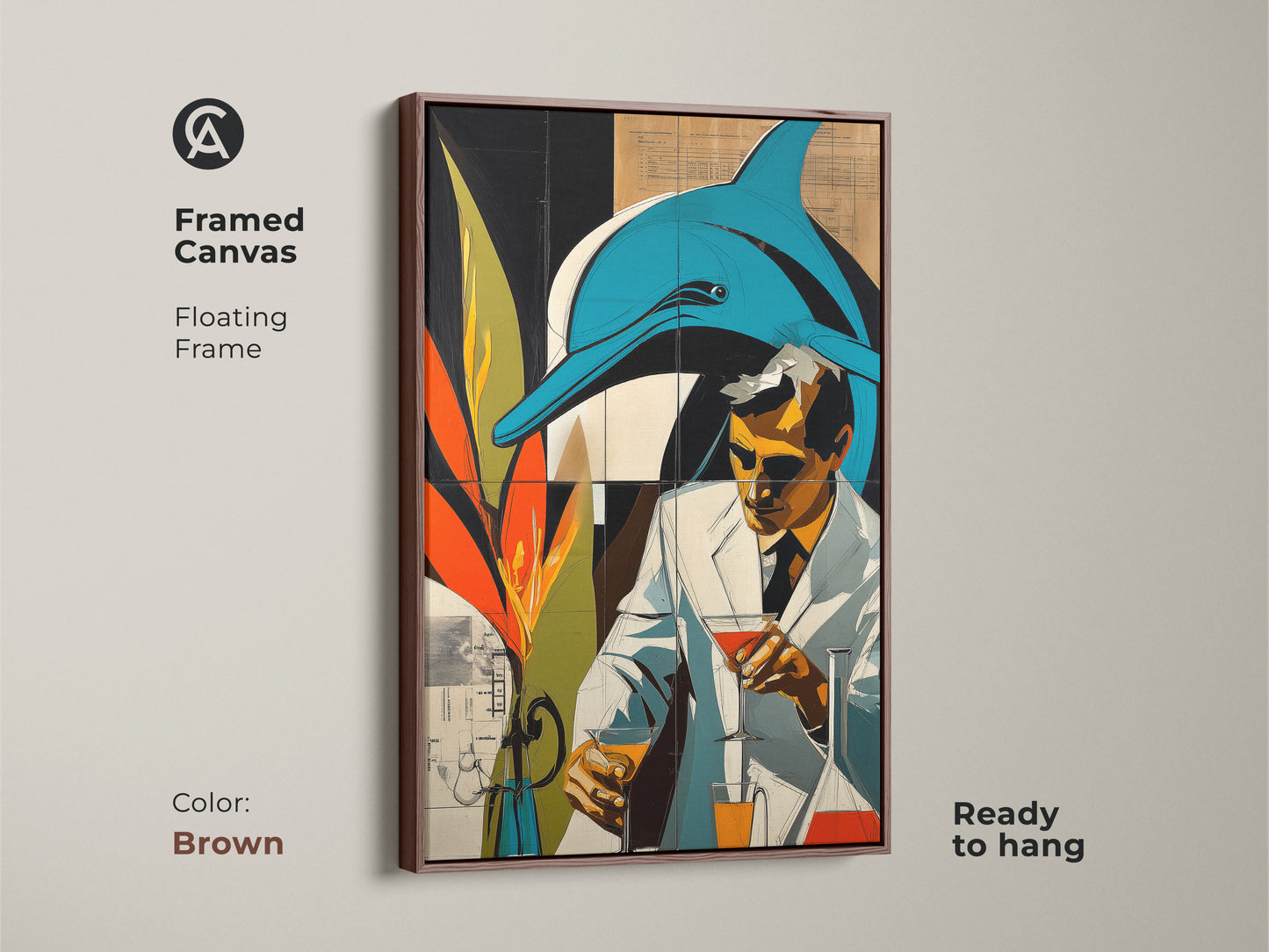 Framed Canvas Floating Frame art shows a surreal blend of retro futurism and marine life featuring a dolphin and a scientist. Teal and orange create an eclectic graphic novel aesthetic. This brown framed art is ready to hang. This artwork is great for science enthusiasts.