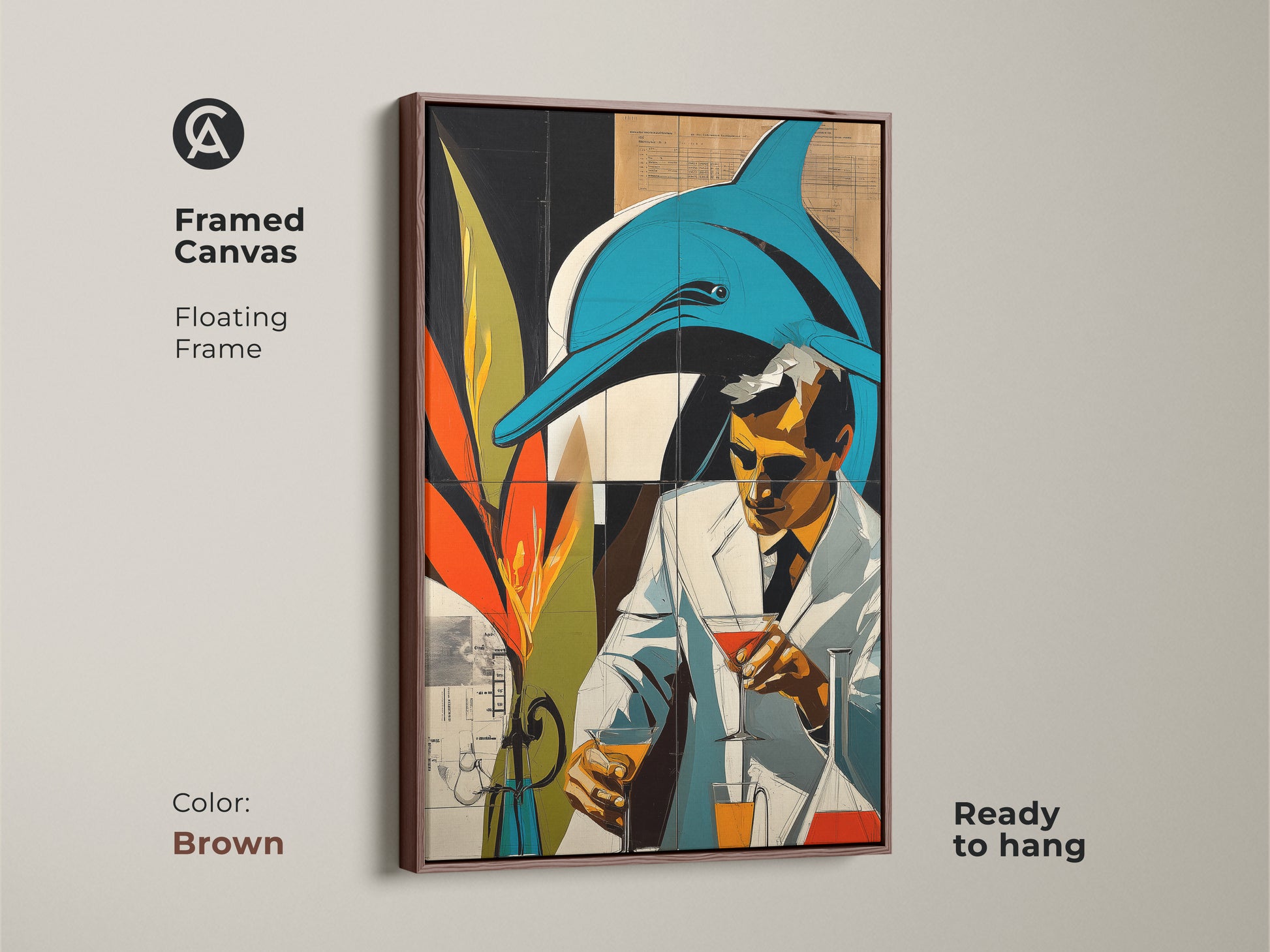 Framed Canvas Floating Frame art shows a surreal blend of retro futurism and marine life featuring a dolphin and a scientist. Teal and orange create an eclectic graphic novel aesthetic. This brown framed art is ready to hang. This artwork is great for science enthusiasts.
