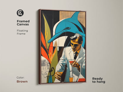 Framed Canvas Floating Frame art shows a surreal blend of retro futurism and marine life featuring a dolphin and a scientist. Teal and orange create an eclectic graphic novel aesthetic. This brown framed art is ready to hang. This artwork is great for science enthusiasts.