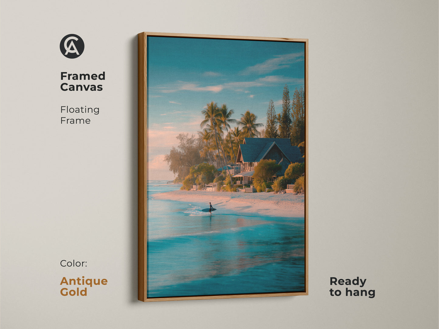 Antique gold framed canvas artwork capturing a tranquil beach scene. The artwork features a surfer in turquoise water. Palm trees and a cozy beach house adorn the shore. The floating frame adds elegance. Ready to hang this framed art brings coastal beauty.