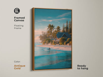 Antique gold framed canvas artwork capturing a tranquil beach scene. The artwork features a surfer in turquoise water. Palm trees and a cozy beach house adorn the shore. The floating frame adds elegance. Ready to hang this framed art brings coastal beauty.