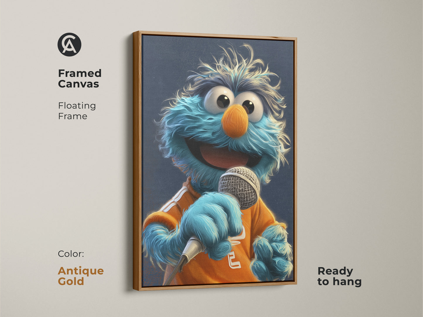 Framed canvas with antique gold floating frame displaying a blue monster art print. Ready to hang unique wall art perfect for a kids room. Fun pop culture artwork.