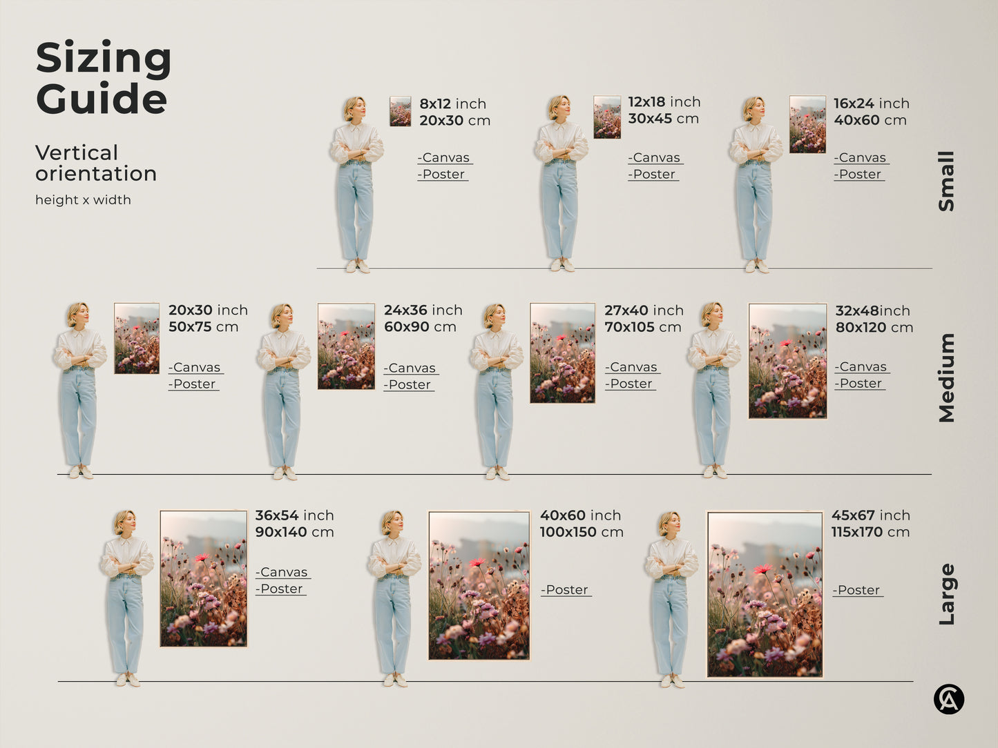 Sizing Guide for vertical orientation artwork. Featuring the soft focus floral art print in coral pink daisy and cosmos botanical art. Sizes range from small medium and large. Perfect boho blush pink art for any room.