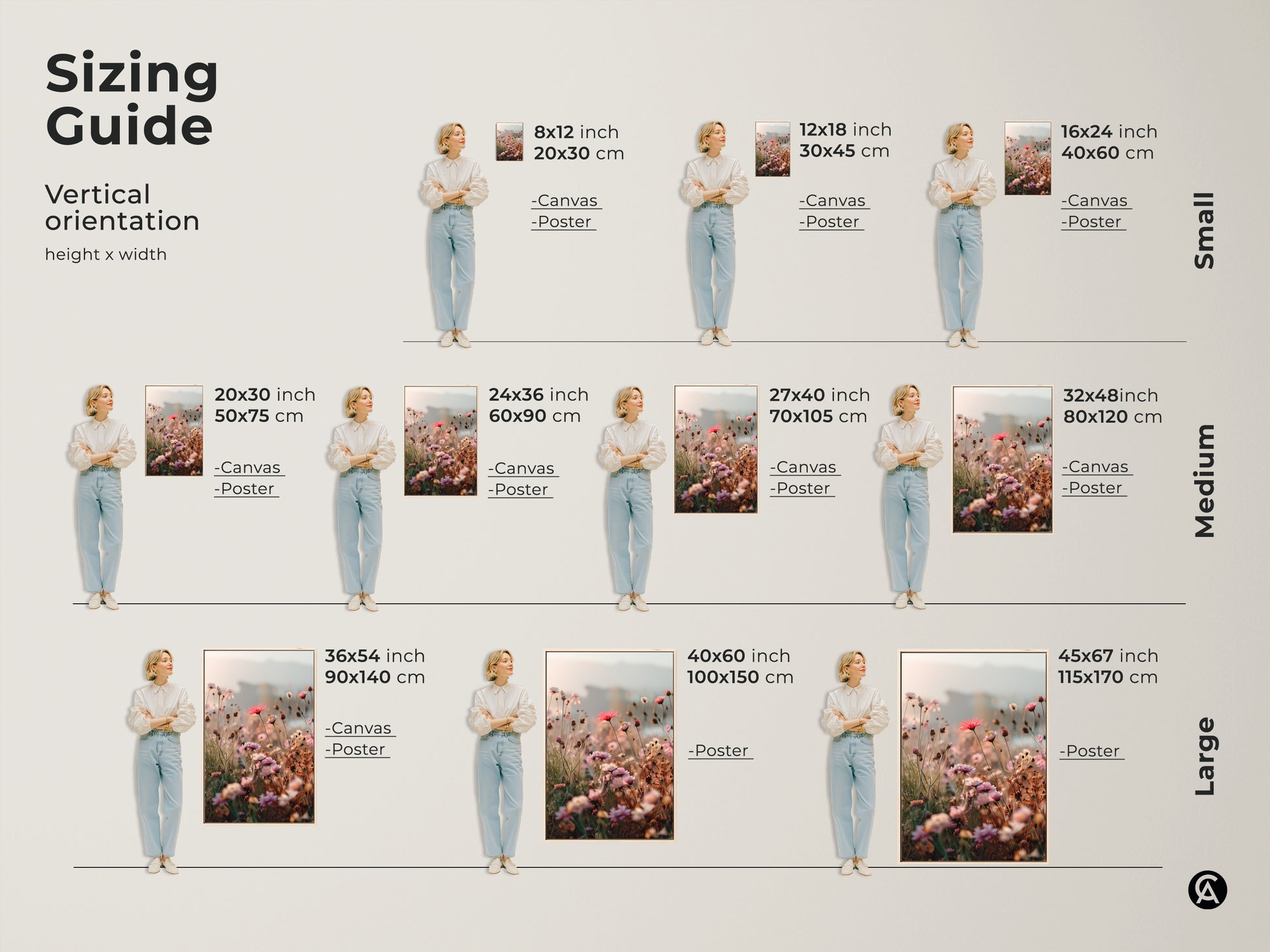 Sizing Guide for vertical orientation artwork. Featuring the soft focus floral art print in coral pink daisy and cosmos botanical art. Sizes range from small medium and large. Perfect boho blush pink art for any room.