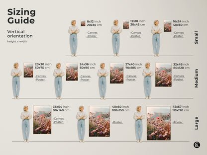 Sizing Guide for vertical orientation artwork. Featuring the soft focus floral art print in coral pink daisy and cosmos botanical art. Sizes range from small medium and large. Perfect boho blush pink art for any room.