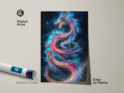 Poster print of a galaxy dragon rolled in a tube. This cosmic fantasy art is easy to frame. The celestial mythology wall decor showcases a vibrant blend of blues purples and teals. It is a great gift for fantasy fans.