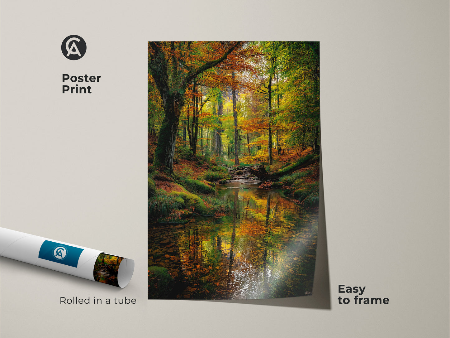 Poster print featuring a peaceful forest stream landscape. This museum-quality art is rolled in a tube for protection. It is easy to frame and display. The autumn colors and reflected light create a stunning visual effect. A perfect piece for nature enthusiasts.