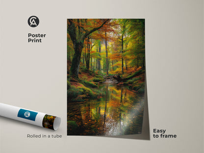 Poster print featuring a peaceful forest stream landscape. This museum-quality art is rolled in a tube for protection. It is easy to frame and display. The autumn colors and reflected light create a stunning visual effect. A perfect piece for nature enthusiasts.