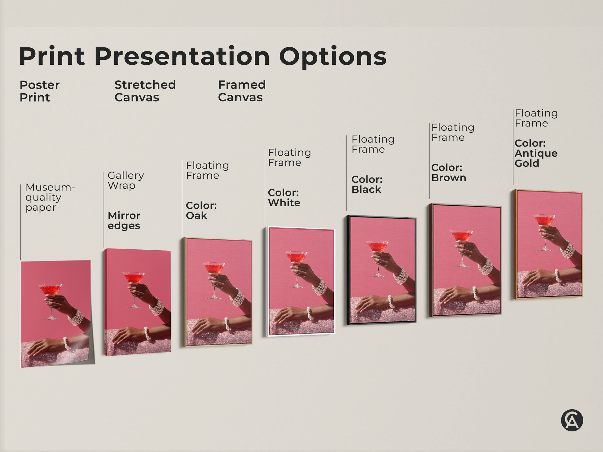 Explore print presentation options for this pink martini artwork. Choose from poster print stretched canvas or framed canvas. Each option showcases a hand with a pearl bracelet. Elevate your home bar with this contemporary cocktail decor. Available with different floating frame colors.