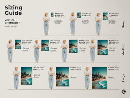 Sizing guide for our vertical orientation canvas and poster art. Various sizes are available to fit your space perfectly. Choose from small medium and large options to showcase this beach scene with a surfer. Find the ideal fit for your home decor needs.