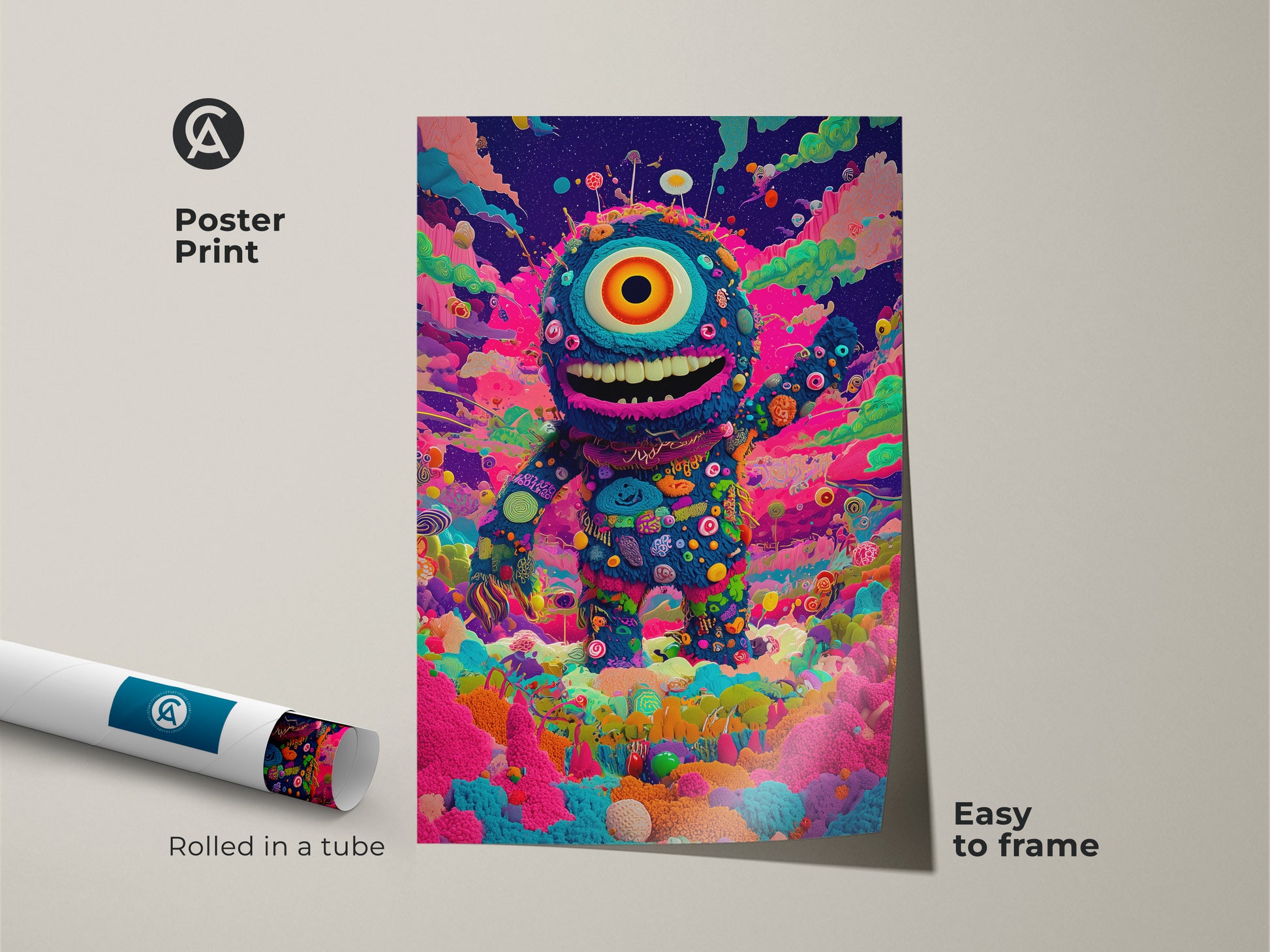 Poster print of a colorful one-eyed monster. The artwork is rolled in a tube for protection. The whimsical character is easy to frame. This vibrant poster print is a fun addition to any space. The playful style is sure to bring joy.