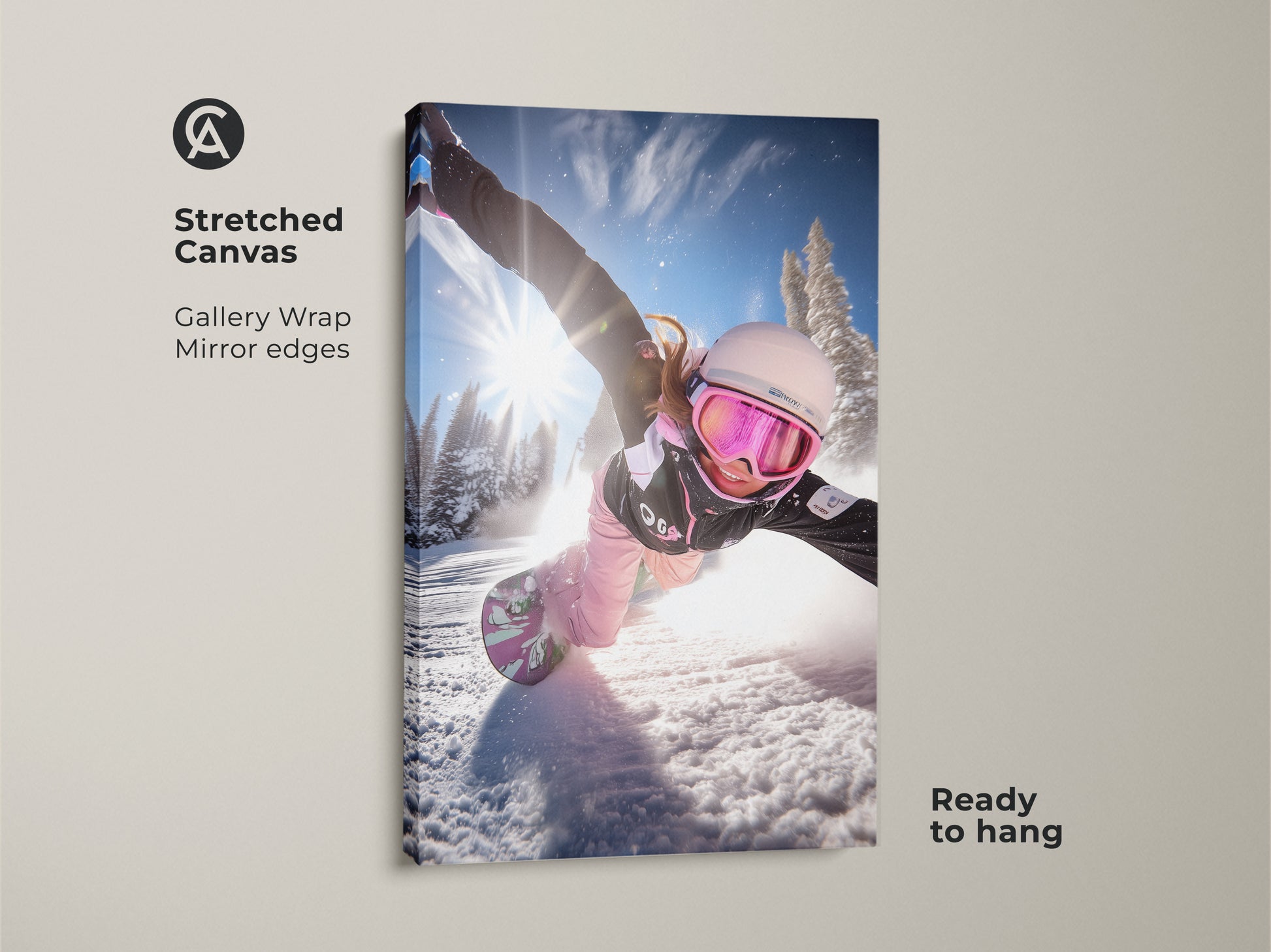 Stretched canvas of a snowboarder in action. The gallery wrap showcases mirror edges. Ready to hang this dynamic winter sports print brings energy to any room. A great gift for snowboarders.