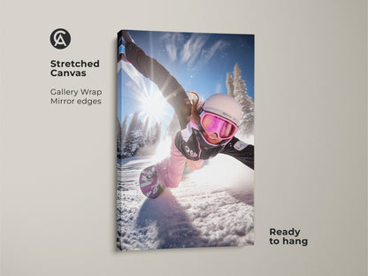 Stretched canvas of a snowboarder in action. The gallery wrap showcases mirror edges. Ready to hang this dynamic winter sports print brings energy to any room. A great gift for snowboarders.