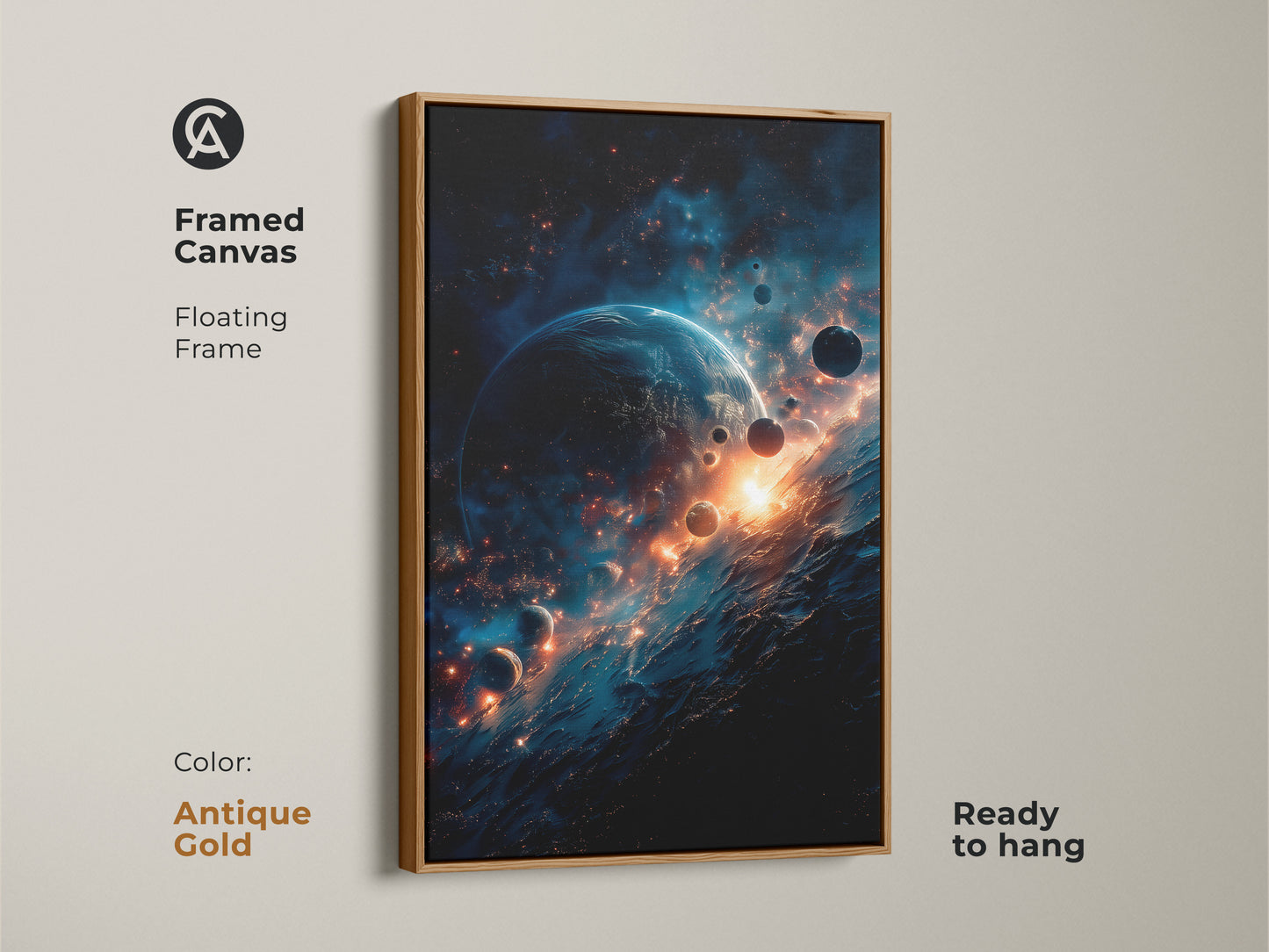 Antique gold framed canvas art print displaying a striking cosmic scene. A blue planet is surrounded by smaller moons and fiery light. The floating frame adds sophistication. Ready to hang this framed artwork will enhance your home decor. Perfect for space lovers.