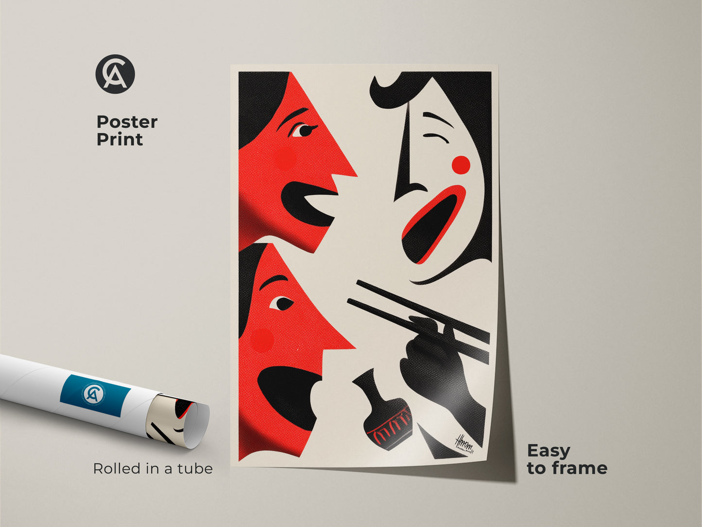 Poster print of red abstract face art rolled in a tube. This modern figurative wall art is easy to frame. It's perfect for adding an eclectic touch to any room. The cream and black art enhances any space. It's a great foodie housewarming gift. Frame this abstract kitchen art print for unique wall decor.
