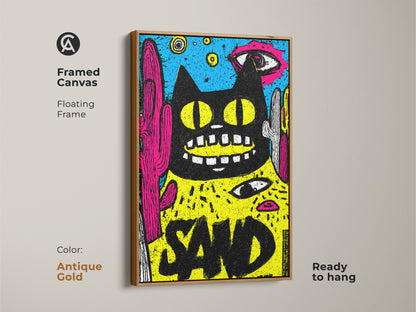Framed canvas art showcasing a black cat with cacti. This floating frame accentuates the colorful artwork. The antique gold frame adds a vintage touch. Ready to hang this art will make a statement.