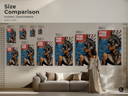 Size comparison of the woman portrait art print in inches and centimeters. The artwork features a punk mask and headdress. Choose from various sizes to fit your space from small to large. This mixed media canvas adds an artistic touch to any room.