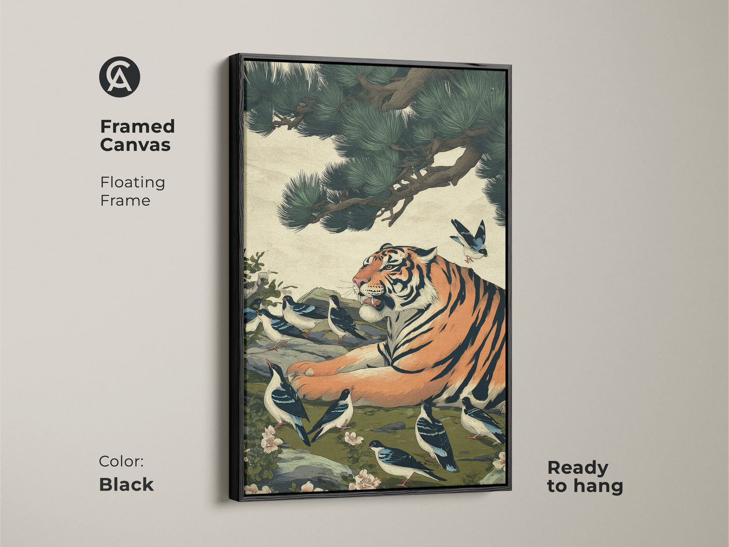 Black framed canvas art featuring a tiger and birds. Ready to hang this fine art tiger painting adds an oriental touch. A unique home accent for eclectic interiors bedrooms or living rooms.