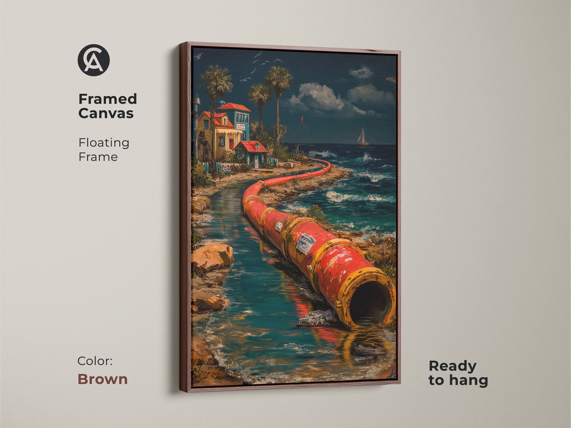 This framed canvas features surreal industrial pipeline wall art in a brown floating frame. The coastal home decor art print is ready to hang. Red orange teal artwork is perfect as office art or a unique housewarming gift for art collectors.