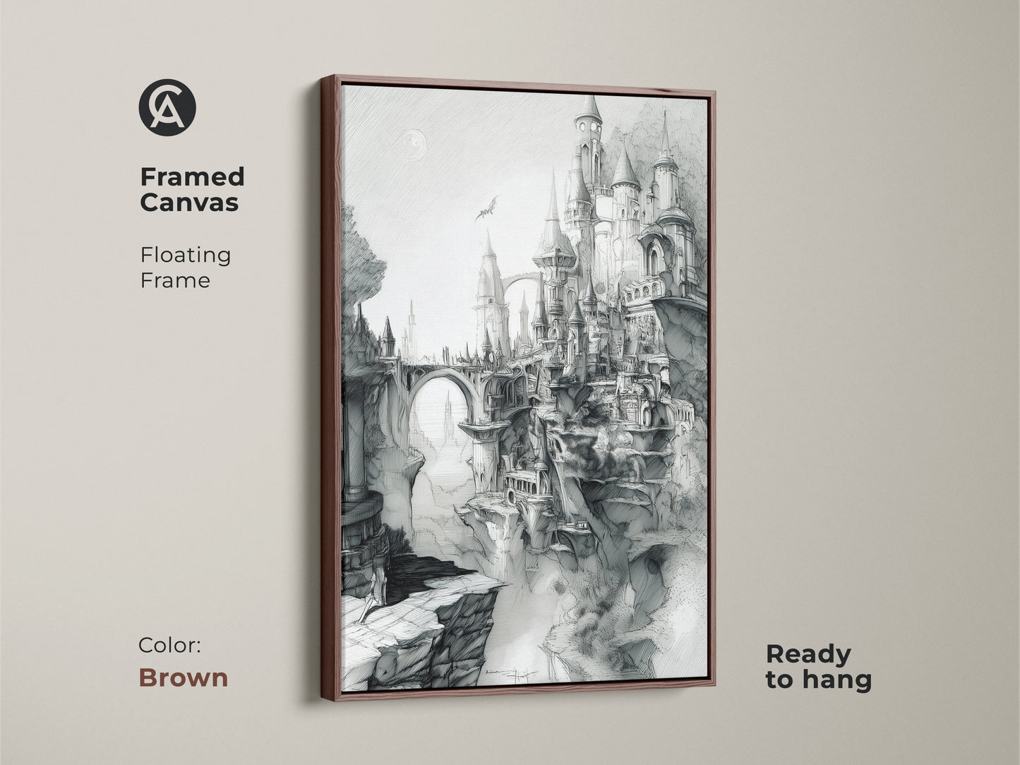 Framed canvas art in a brown floating frame. This artwork shows a detailed castle sketch. This fantasy medieval castle sits atop cliffs. Ready to hang. Perfect for adding a touch of fantasy to any room.