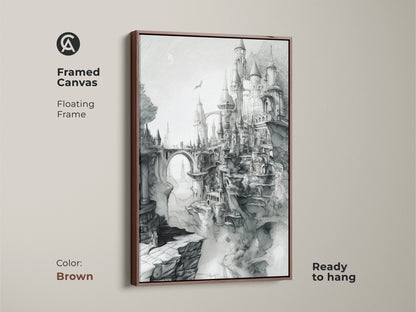 Framed canvas art in a brown floating frame. This artwork shows a detailed castle sketch. This fantasy medieval castle sits atop cliffs. Ready to hang. Perfect for adding a touch of fantasy to any room.