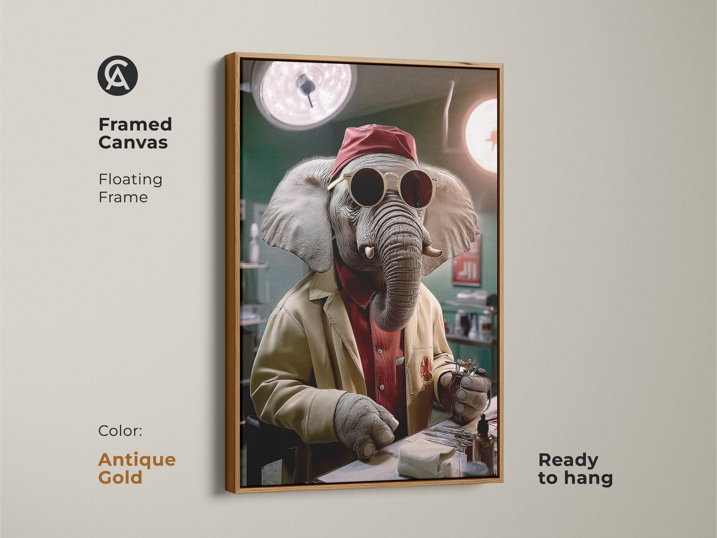 Framed canvas showcasing surreal elephant doctor art. The floating frame has an antique gold finish. This animal doctor canvas print is ready to hang. The artwork is funny medical office decor and unique animal portrait art. The art includes surgical tools making it an eclectic art gift for doctors or surgeons.