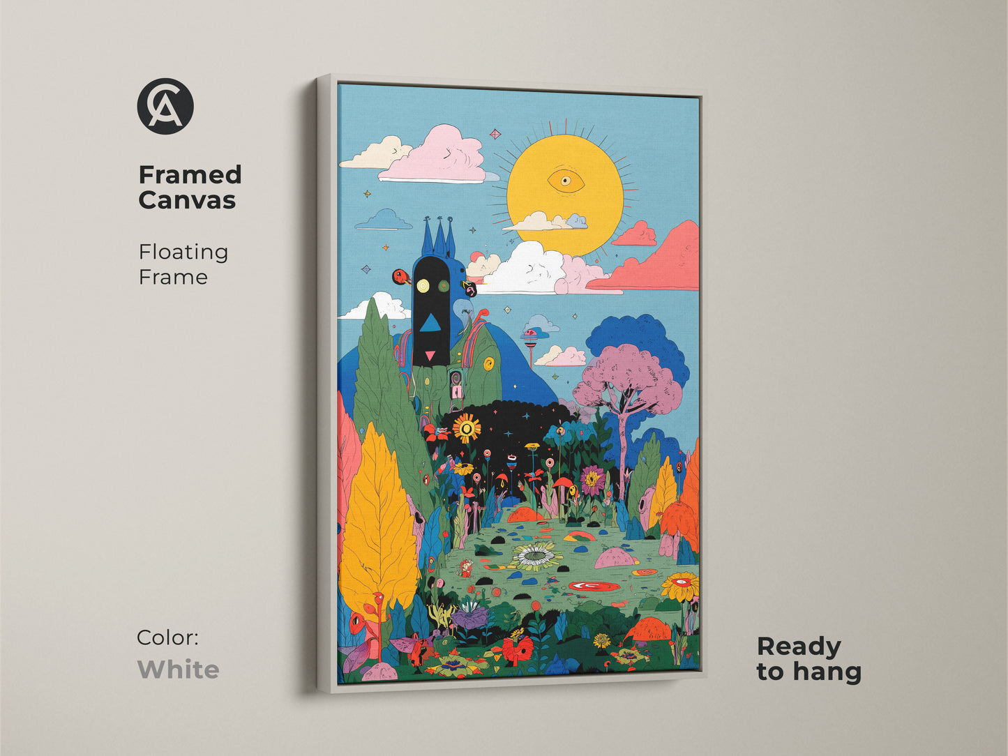 Framed Canvas in White floating frame featuring the Eye See You art. The illustration shows a sun with an eye watching over a colorful landscape. This framed canvas is ready to hang. A great addition to your home.