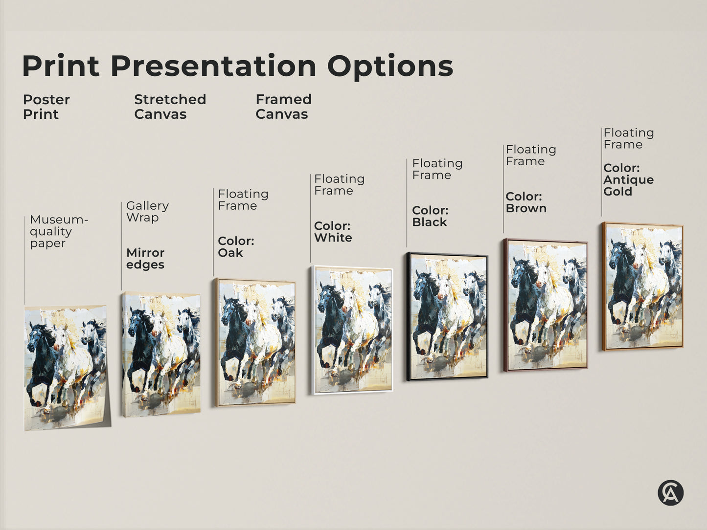 Explore print presentation options for this museum-quality wildlife art. Choose from poster prints stretched canvases or framed canvases with various frame colors. Find the perfect style to showcase this impressionistic horse print in your home. Add an equestrian touch to your decor.