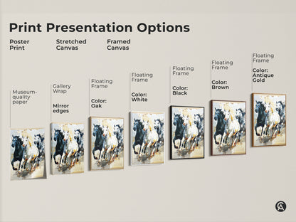 Explore print presentation options for this museum-quality wildlife art. Choose from poster prints stretched canvases or framed canvases with various frame colors. Find the perfect style to showcase this impressionistic horse print in your home. Add an equestrian touch to your decor.