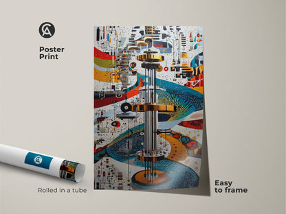 Poster Print of Mechanical Abstract art rolled in a tube. The futuristic gold blue and red gears & circuits canvas makes it easy to frame. This tech artwork is perfect for specialized office art.