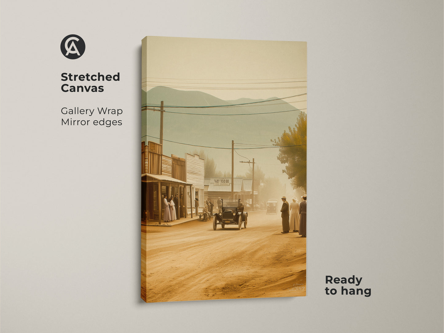 Stretched canvas art print featuring a sepia toned western town. This gallery wrapped canvas has mirrored edges. The artwork depicts a vintage street scene with people and an old car. Ready to hang this canvas print brings a touch of the Old West to your home. A perfect gift for western art lovers.