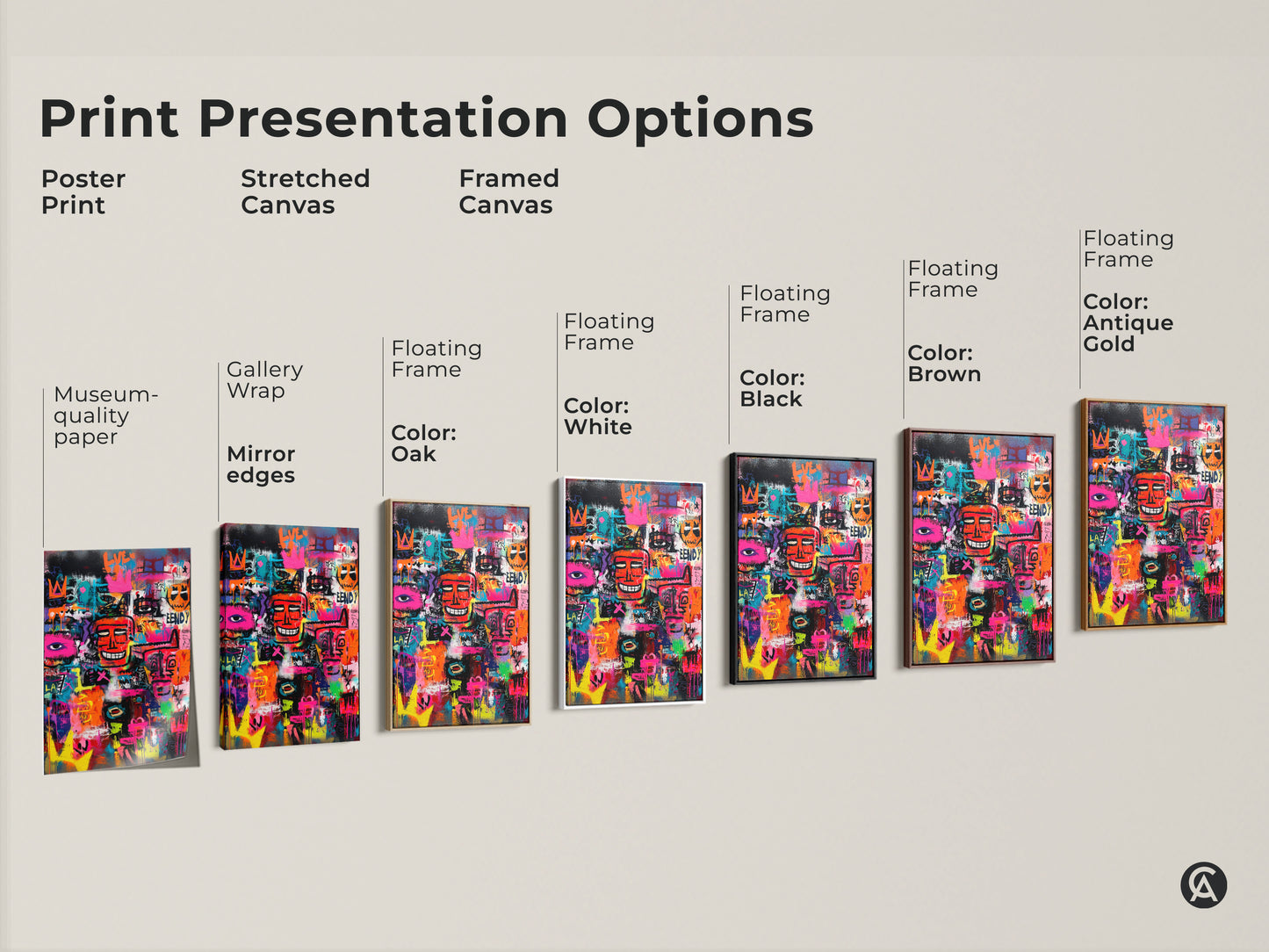 Explore print presentation options for graffiti artwork. Choose from poster print stretched canvas or framed canvas. Options include gallery wrap floating frame and various colors. Find the perfect style to showcase this unique art.