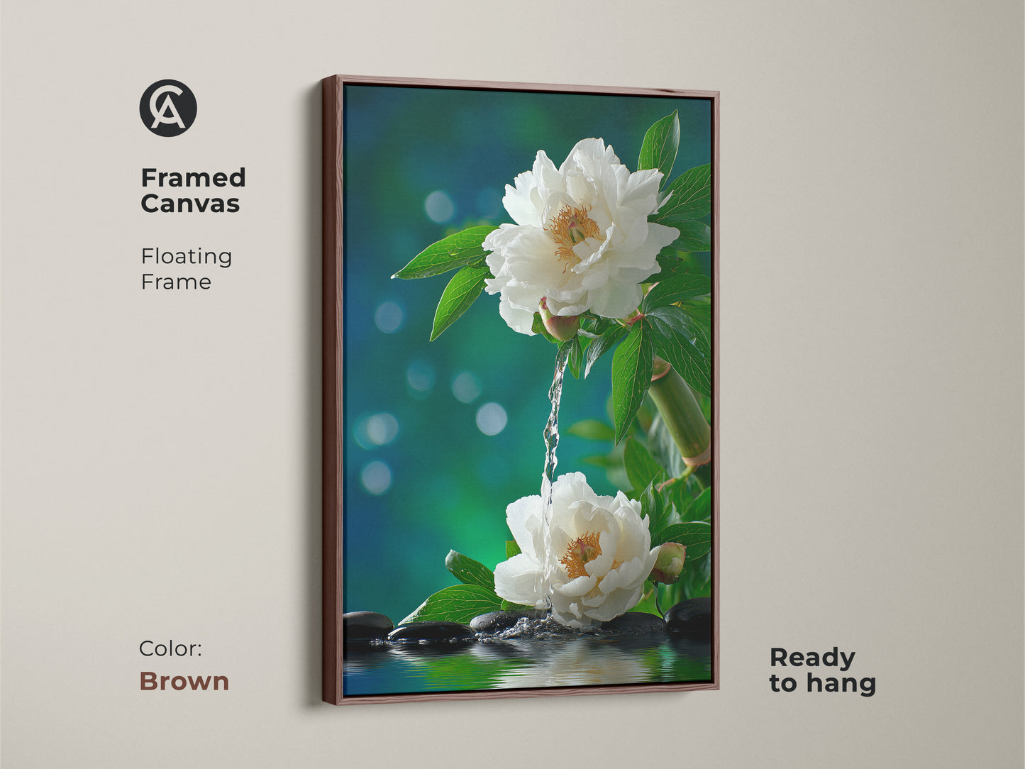 Brown framed canvas art showcasing white peonies with water. This serene floral artwork is ready to hang. The brown floating frame complements any decor style. Bring a sense of peace to your home.