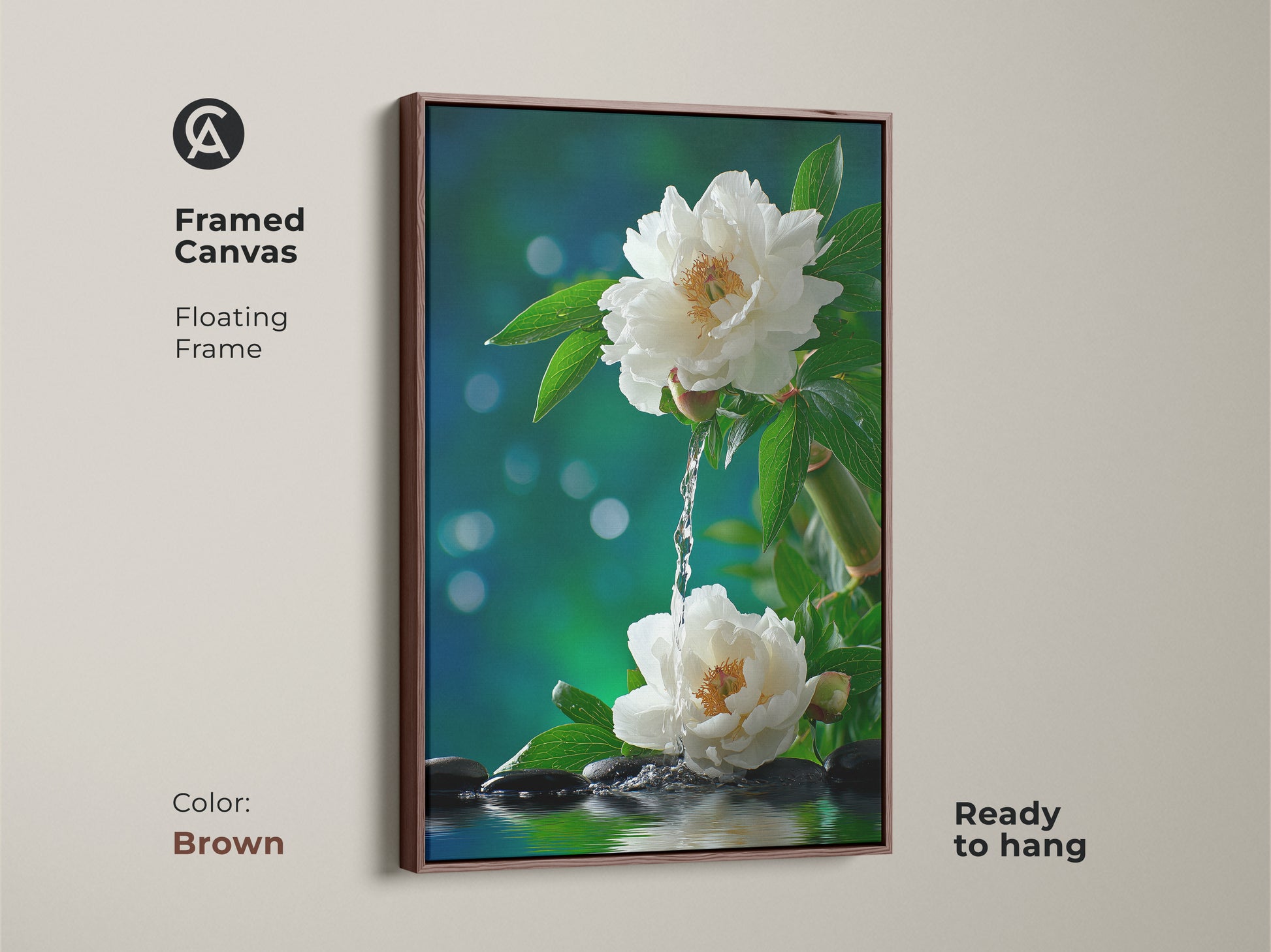 Brown framed canvas art showcasing white peonies with water. This serene floral artwork is ready to hang. The brown floating frame complements any decor style. Bring a sense of peace to your home.