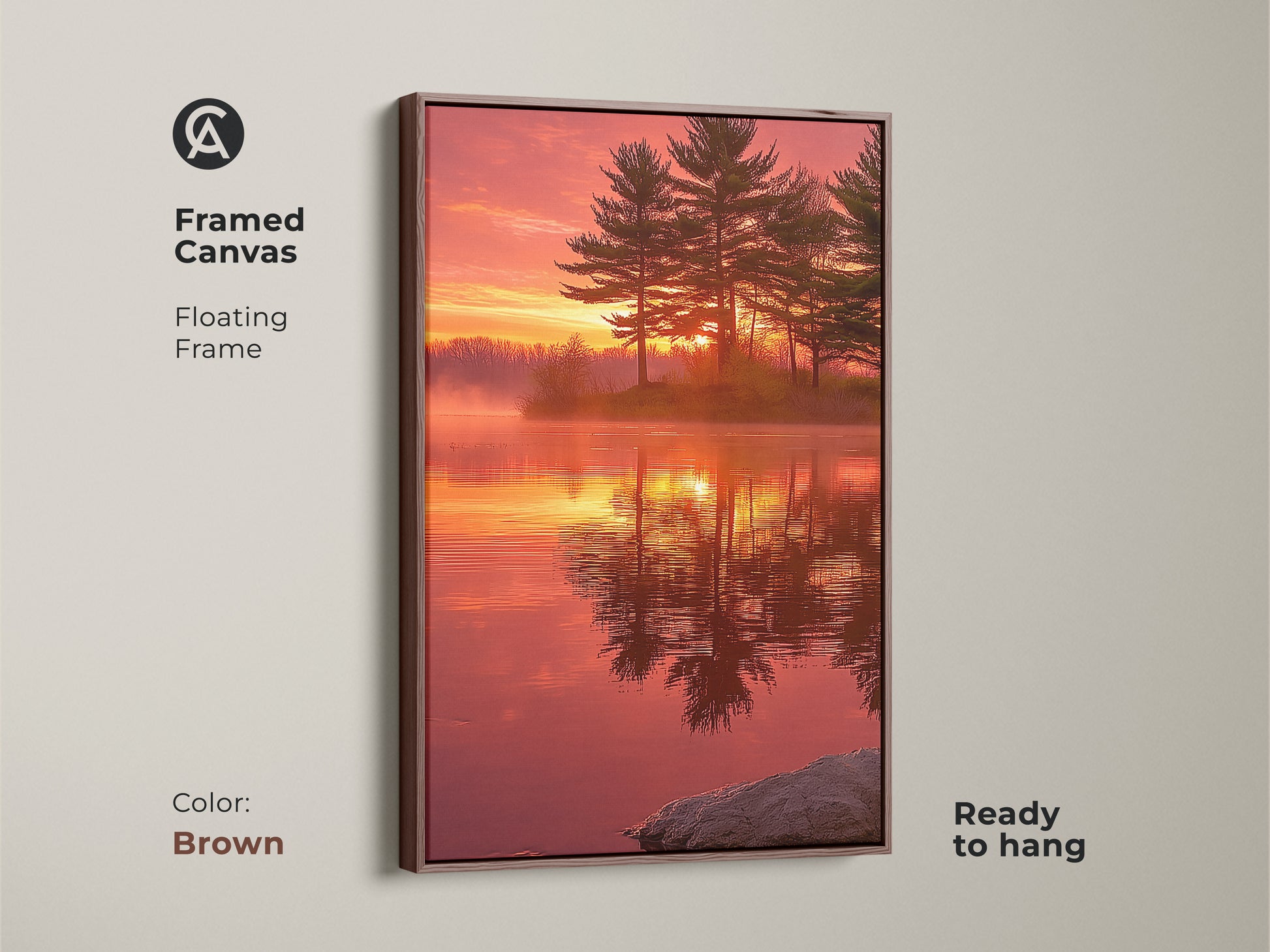 Framed canvas in a brown floating frame showcases a sunset lake pine tree scene. This rustic wall decor is nature photography at its best. The golden hour scenic print is ready to hang. It's an ideal housewarming gift. The warm tones add cozy ambiance to any room.