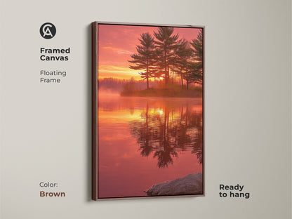 Framed canvas in a brown floating frame showcases a sunset lake pine tree scene. This rustic wall decor is nature photography at its best. The golden hour scenic print is ready to hang. It's an ideal housewarming gift. The warm tones add cozy ambiance to any room.