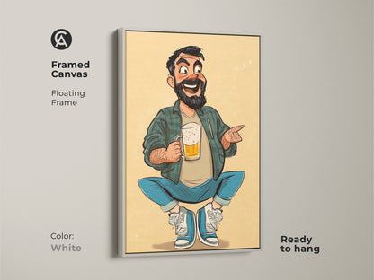 Cartoon man with beer in a white framed canvas. A funny beer lover gift ready to hang. The white floating frame accents this pub art piece. Ideal for a man cave. Great for Father's Day.