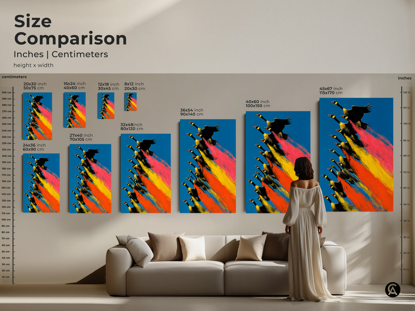Size comparison for geese flying canvas. See how this nature artwork looks in different sizes. Envision this blue orange yellow print in your home. Available in multiple sizes for canvas and poster.