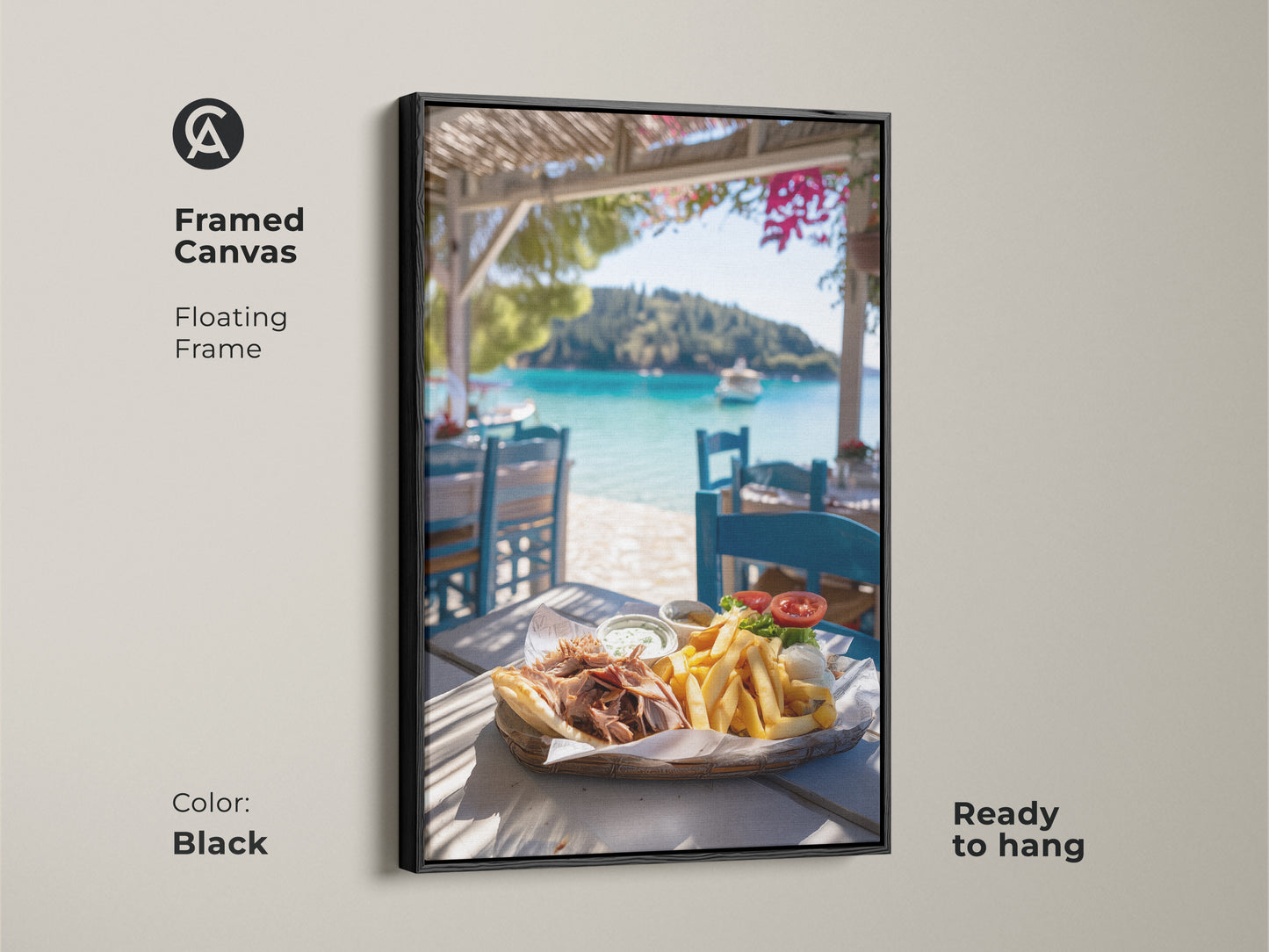 Framed canvas of a Greek gyros with a blue ocean backdrop. This photorealistic artwork features a floating frame and is ready to hang. The black frame enhances this Mediterranean food art.
