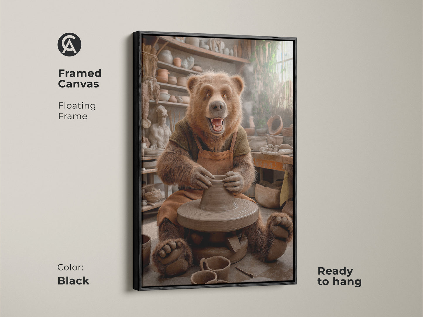 This framed canvas presents a bear at a pottery wheel. The floating frame in black enhances the whimsical animal studio wall art. It's ready to hang. The earth tone bear artwork creates a cozy home studio art piece. This brown pottery scene canvas is an ideal gift.