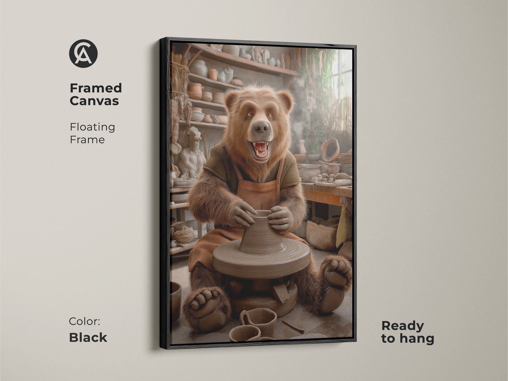 This framed canvas presents a bear at a pottery wheel. The floating frame in black enhances the whimsical animal studio wall art. It's ready to hang. The earth tone bear artwork creates a cozy home studio art piece. This brown pottery scene canvas is an ideal gift.